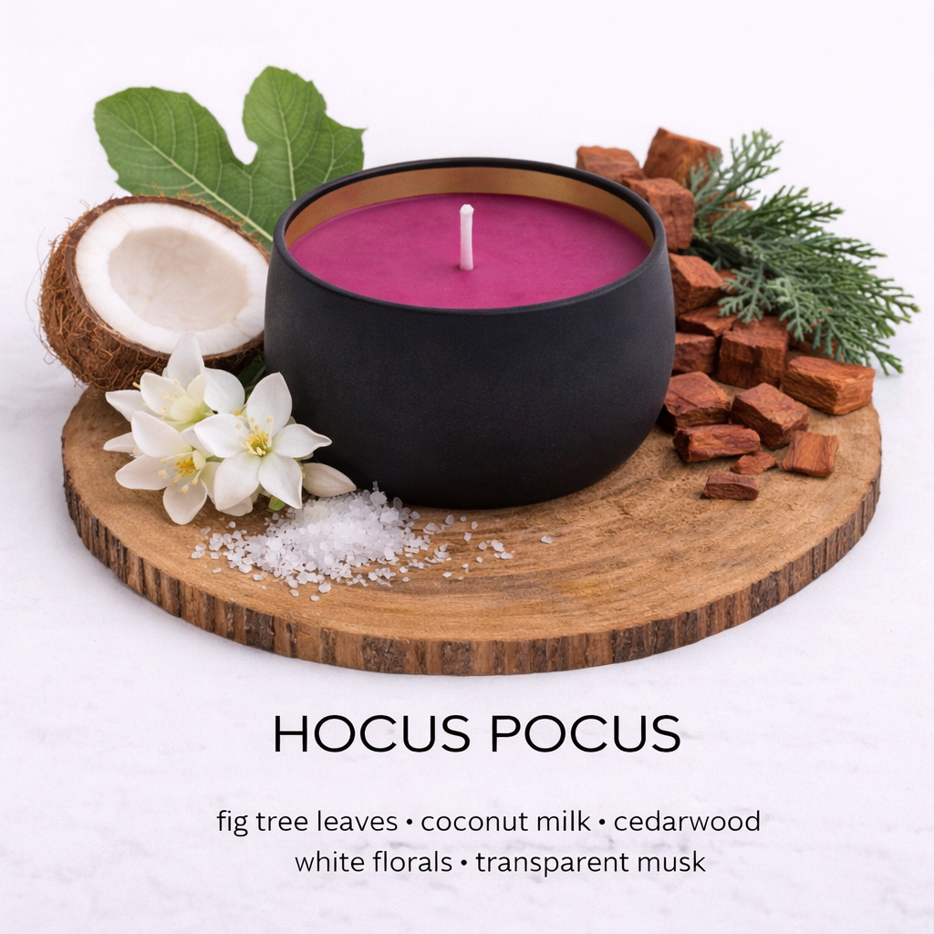 Hocus Pocus soy wax candle by Fair Dinkum Scents with fig leaf, coconut milk and cedarwood fragrance.