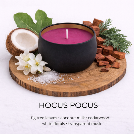 Hocus Pocus soy wax candle by Fair Dinkum Scents with fig leaf, coconut milk and cedarwood fragrance.