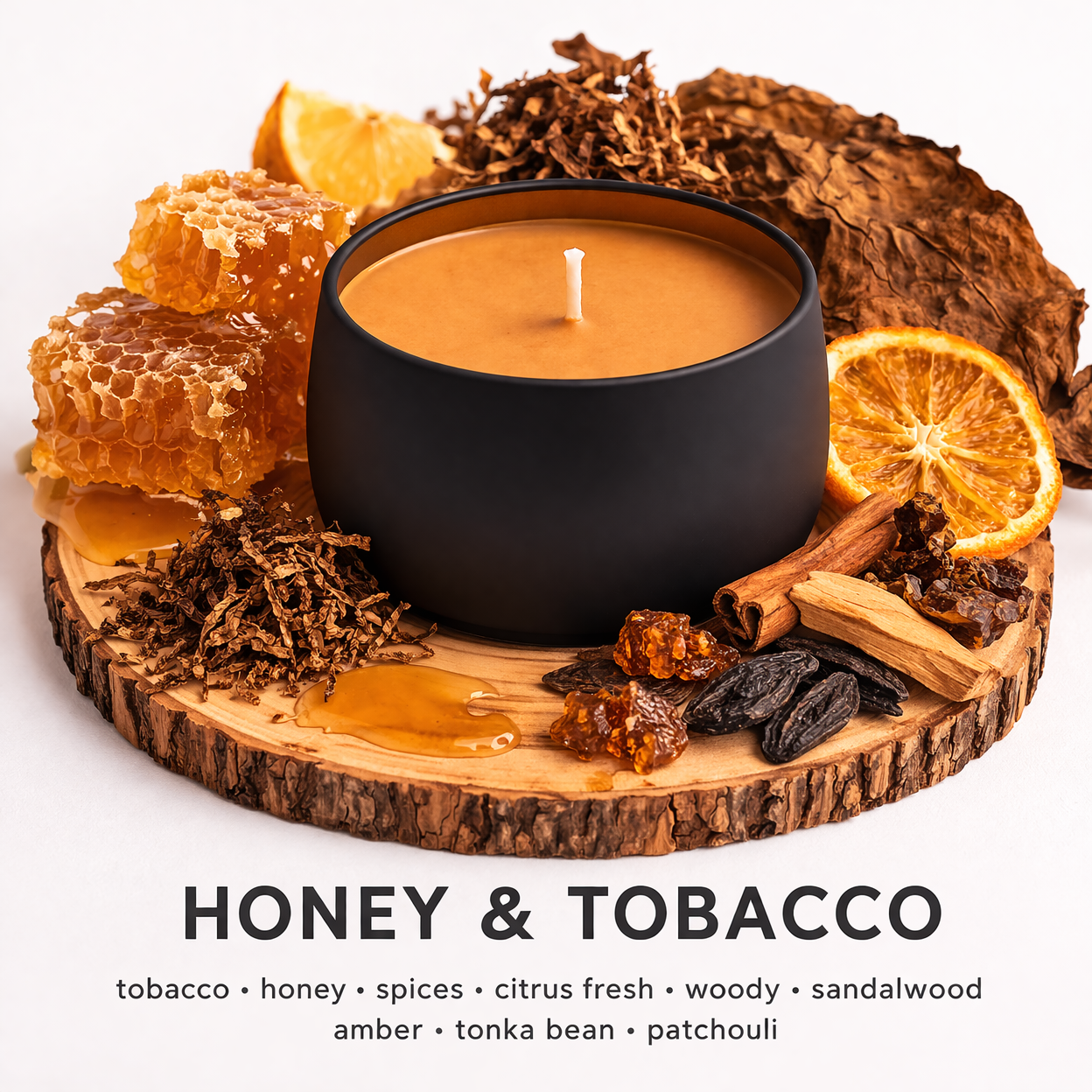 Honey and Tobacco soy candle with golden wax, honeycomb, tobacco leaves and warm smoky scent notes on wooden base by Fair Dinkum Scents