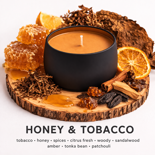 Honey and Tobacco soy candle with golden wax, honeycomb, tobacco leaves and warm smoky scent notes on wooden base by Fair Dinkum Scents