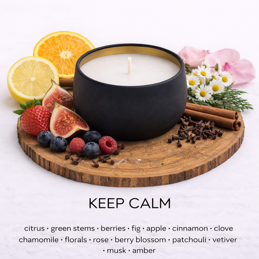 Keep Calm soy wax candle by Fair Dinkum Scents with calming citrus, chamomile and amber fragrance.