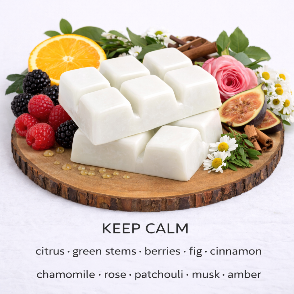 Keep Calm scented soy wax melts with citrus, fig, chamomile and patchouli fragrance by Fair Dinkum Scents