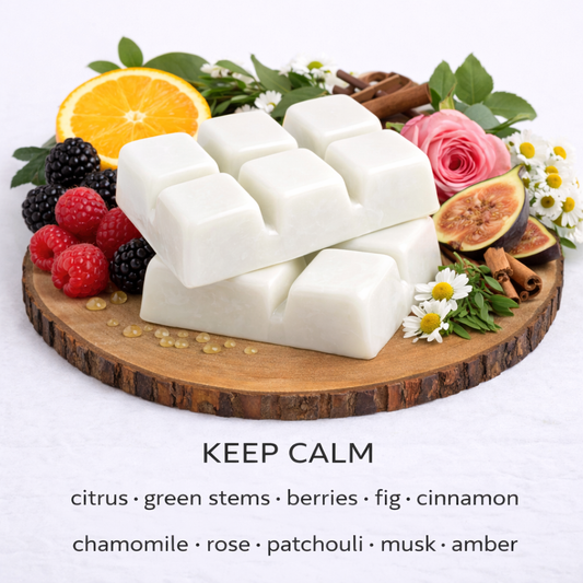 Keep Calm scented soy wax melts with citrus, fig, chamomile and patchouli fragrance by Fair Dinkum Scents