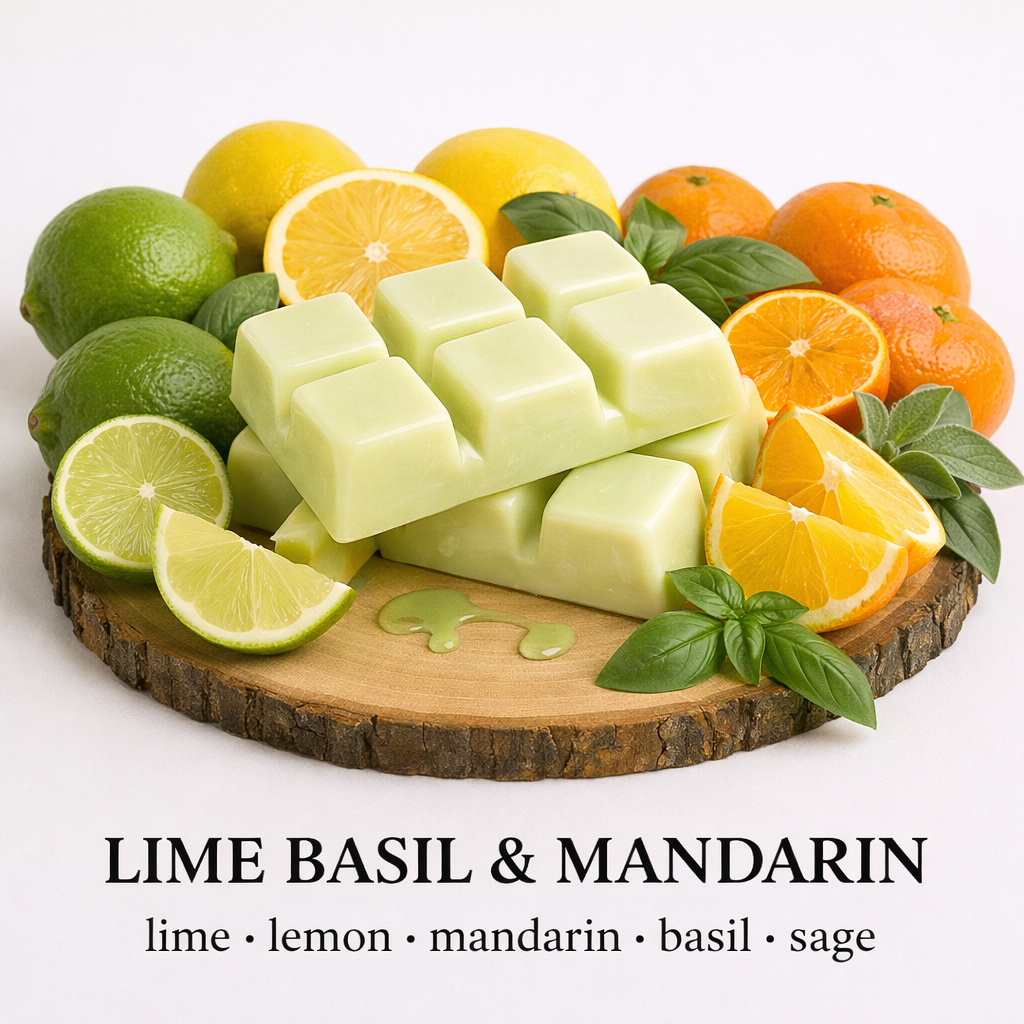 Lime Basil and Mandarin soy wax melts with citrus and herbal notes fresh clean scent