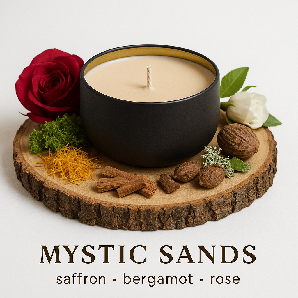 Mystic Sands soy candle with warm spicy scent notes of saffron, rose, clove, sandalwood and vanilla in a cosy setting