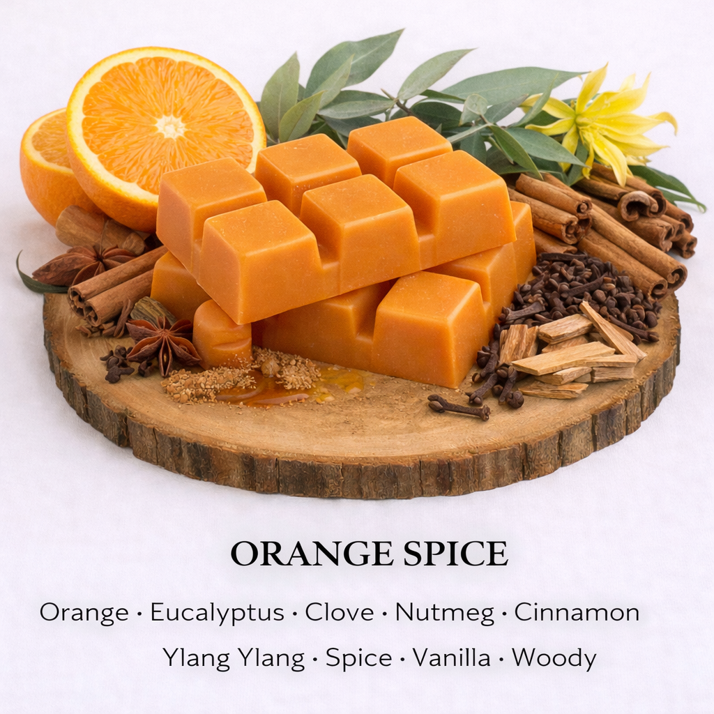 Orange Spice soy wax melts with citrus orange, cinnamon and clove warm cosy fragrance