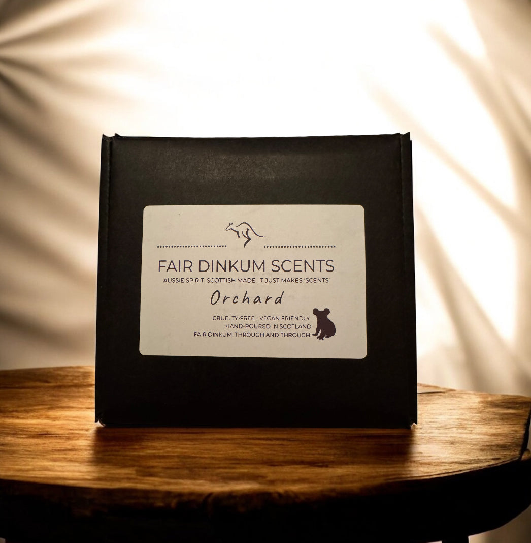 Orchard soy candle with fresh apple, rhubarb and fruity notes sweet juicy fragrance in box by Fair Dinkum Scents