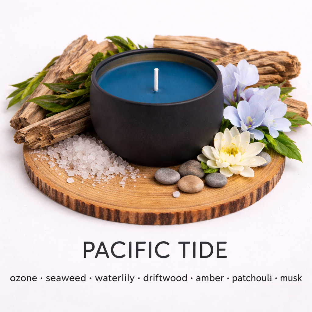 Pacific Tide soy candle with ocean seaweed driftwood and fresh marine fragrance