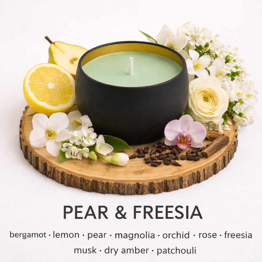 Pear and Freesia soy candle with pear lemon florals and fresh clean fragrance by Fair Dinkum Scents