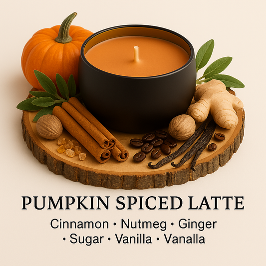 Our luxury soy 6oz candle - pumpkin spiced latte surround by cinnamon, nutmeg, ginger, sugar, vanilla