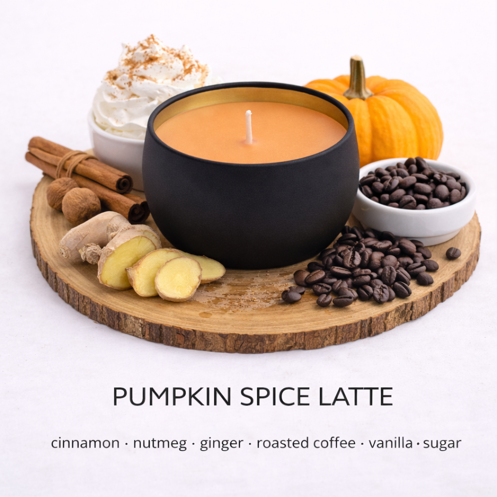 Pumpkin spiced latte soy candle with coffee cinnamon vanilla and warm autumn fragrance