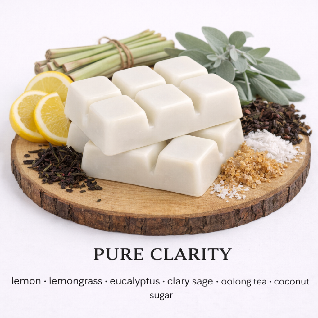 Pure Clarity soy wax melt with white wax and fresh scent notes of lemon, eucalyptus and lemongrass on wooden base