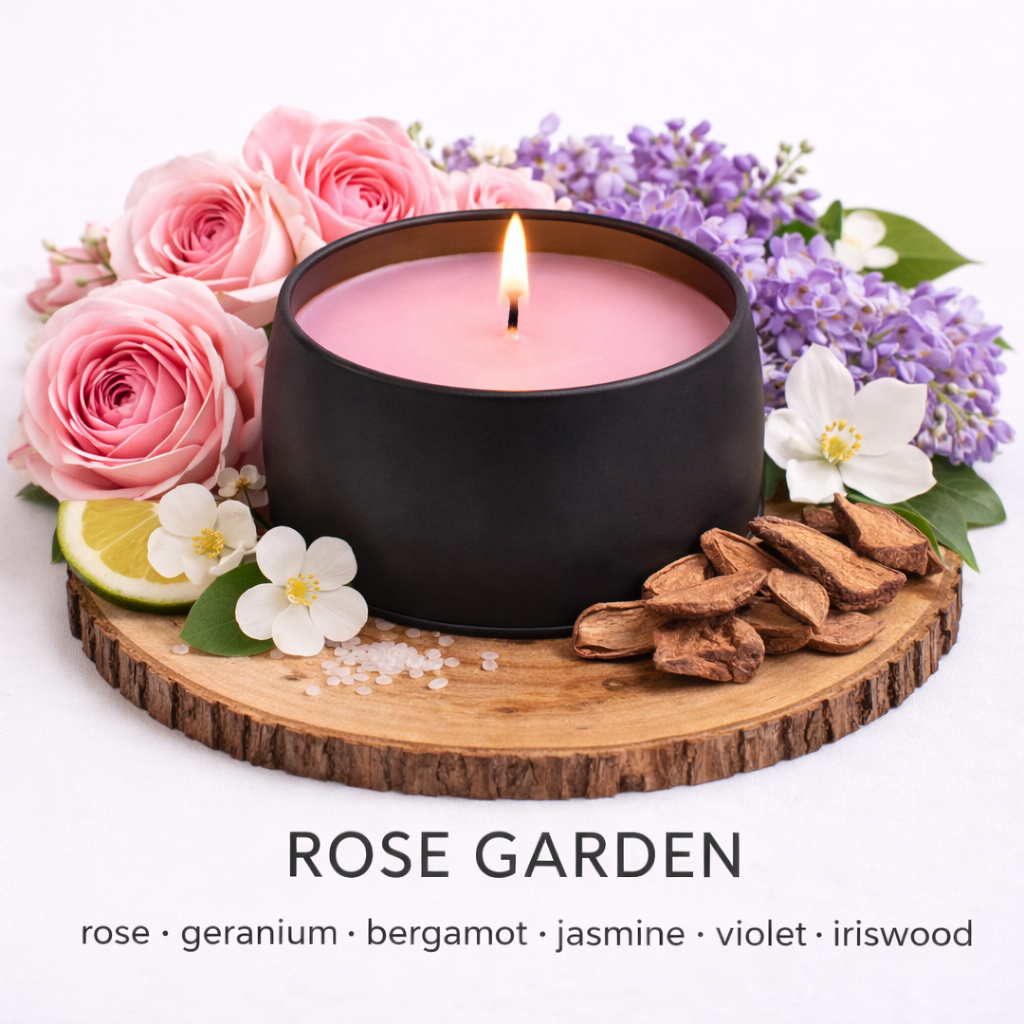 Rose Garden soy candle with pink wax and floral scent notes of rose, jasmine, violet and bergamot by Fair Dinkum Scents