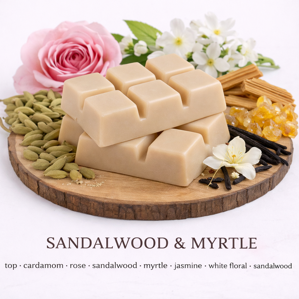 Sandalwood and Myrtle soy wax melt with beige wax and scent notes of sandalwood, jasmine, rose and vanilla on wooden base by Fair Dinkum Scents