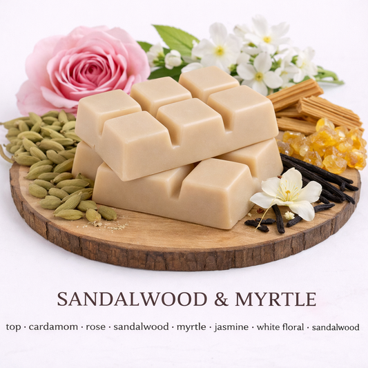 Sandalwood and Myrtle soy wax melt with beige wax and scent notes of sandalwood, jasmine, rose and vanilla on wooden base by Fair Dinkum Scents