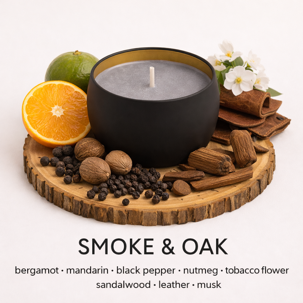 Smoke and Oak soy candle with smoky wood leather sandalwood and citrus fragrance by Fair Dinkum Scents