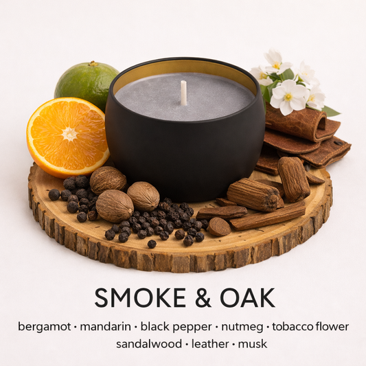 Smoke and Oak soy candle with smoky wood leather sandalwood and citrus fragrance by Fair Dinkum Scents