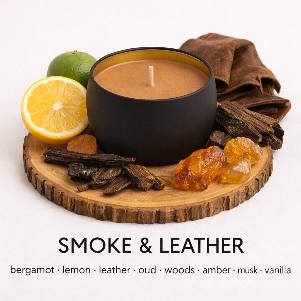 Smoke and Leather soy candle with bergamot lemon oud amber and warm woody fragrance by Fair Dinkum Scents