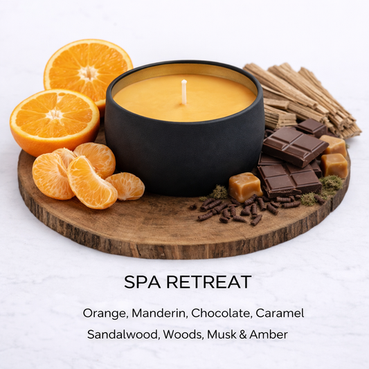 Spa Retreat soy candle with orange citrus sandalwood and warm relaxing spa fragrance by Fair Dinkum Scents