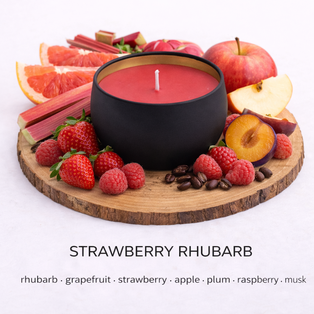 Strawberry rhubarb soy candle with fresh fruity sweet scent notes strawberry and rhubarb