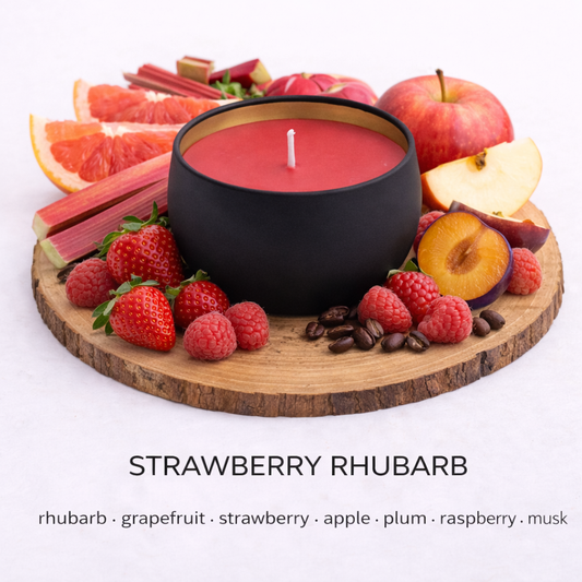 Strawberry rhubarb soy candle with fresh fruity sweet scent notes strawberry and rhubarb