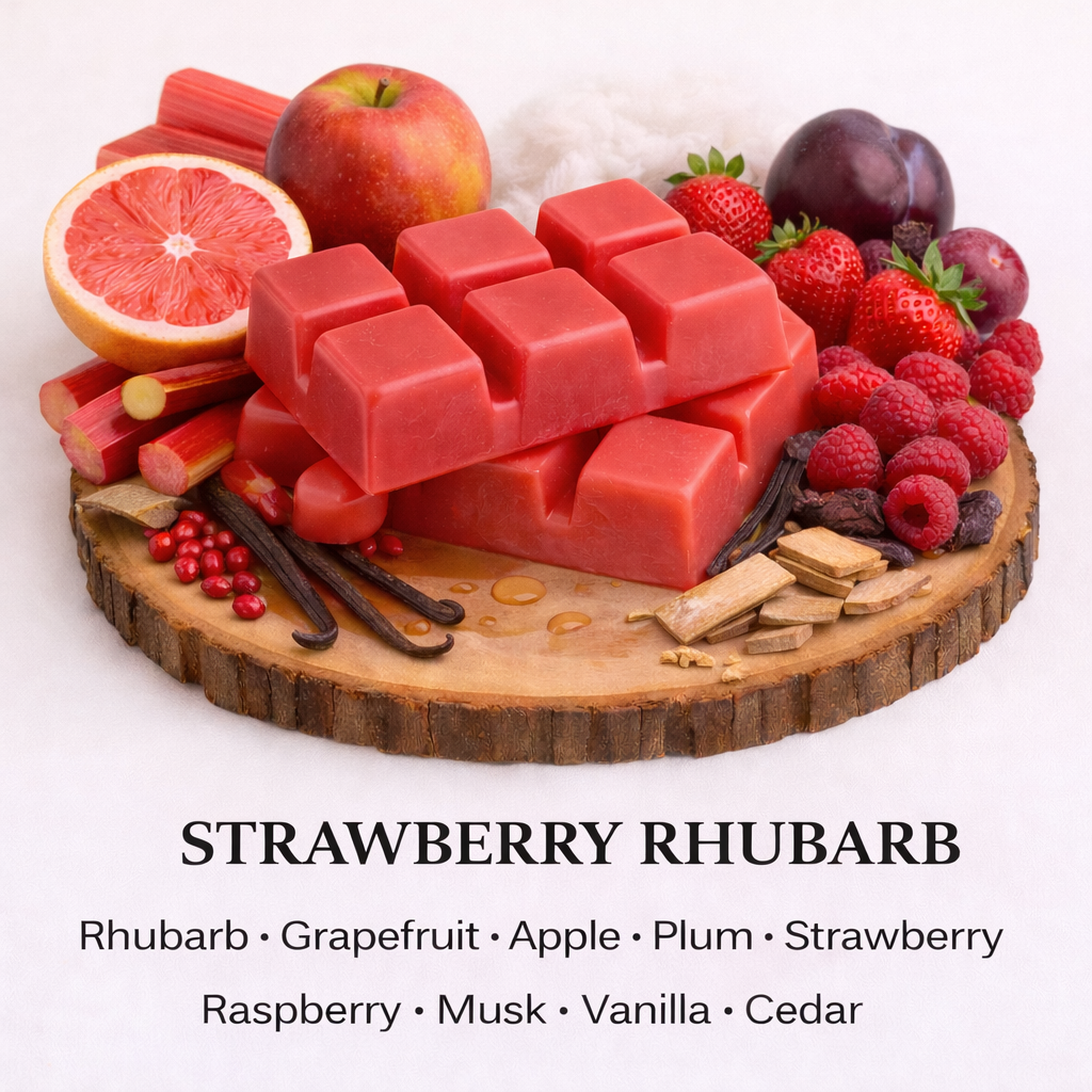 Strawberry rhubarb soy wax melts with fresh fruity sweet scent strawberry and rhubarb fragrance