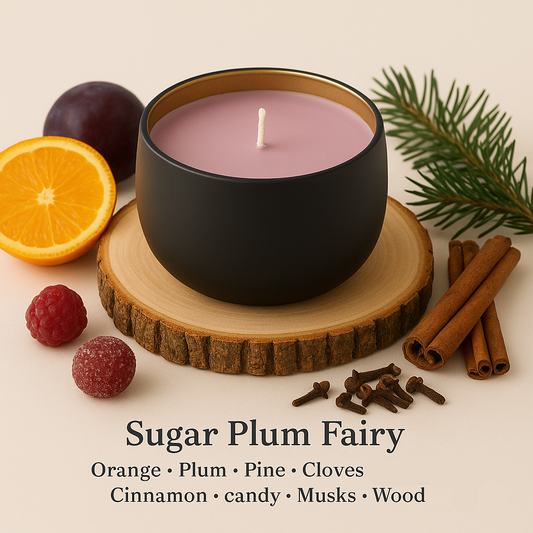 Candle labeled 'Sugar Plum Fairy' with fruits, spices, and a wooden coaster on a beige background