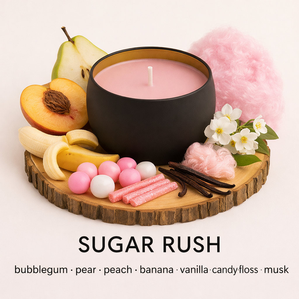 Sugar Rush soy candle with sweet fruity bubblegum pear vanilla candy scent