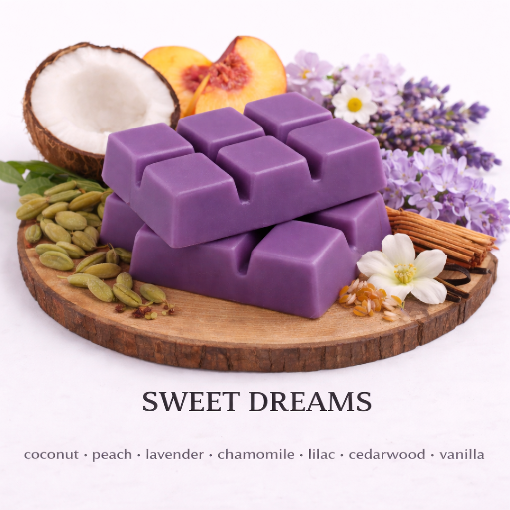 Sweet Dreams soy wax melt with purple wax and calming scent notes of lavender, chamomile, coconut and vanilla on wooden base
