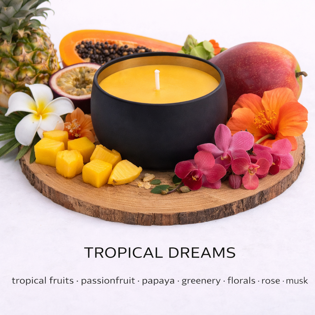 Tropical Dreams soy candle with tropical fruits passionfruit papaya and fresh fruity fragrance
