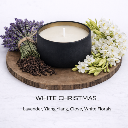 White Christmas soy candle with lavender white florals and soft calming festive fragrance by Fair Dinkum Scents