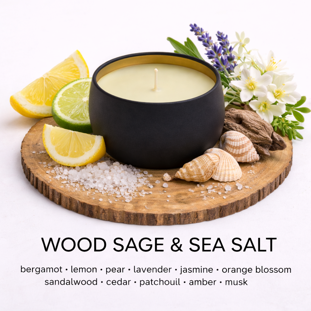 Wood Sage and Sea Salt soy candle with fresh coastal citrus and woody fragrance by Fair Dinkum Scents
