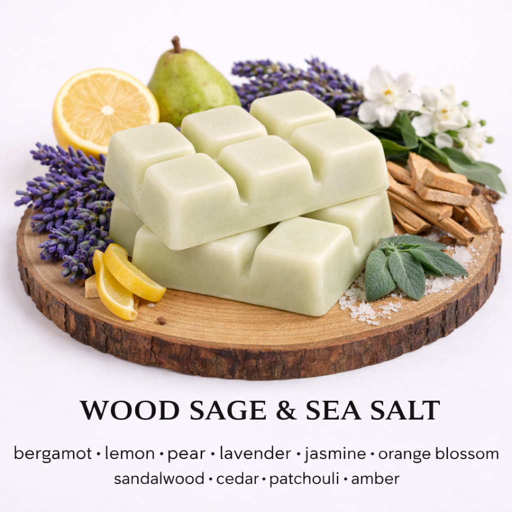 Wood Sage and Sea Salt soy wax melt with fresh citrus, sage, sea salt and coastal woody fragrance on wooden base