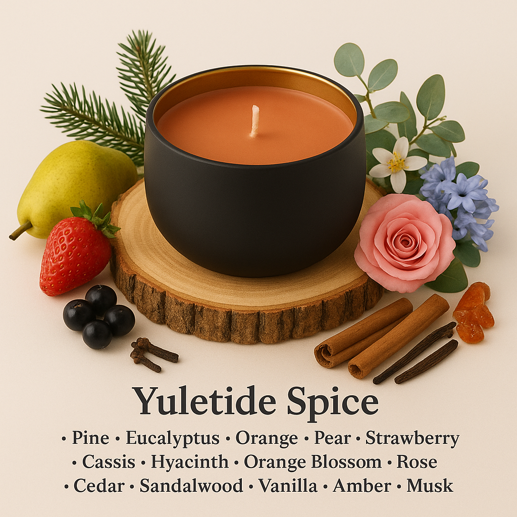 Yuletide Spice soy candle with pine orange spice and warm festive fragrance