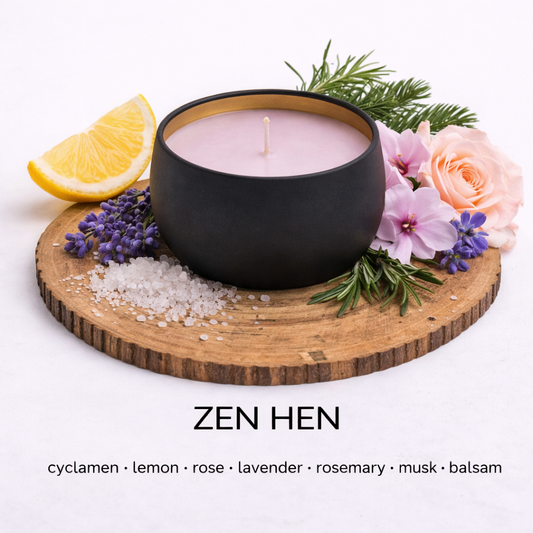 Zen Hen soy candle with lemon lavender rosemary and fresh calming fragrance by Fair Dinkum Scents