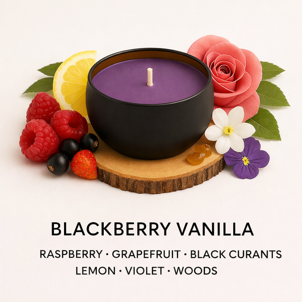 Blackberry Vanilla candle with fruits and flowers on a white background. by a Fair Dinkum Scents