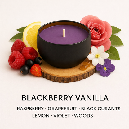 Blackberry Vanilla candle with fruits and flowers on a white background. by a Fair Dinkum Scents